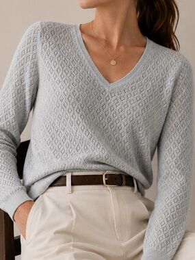 Brooks Brothers Cashmere Pointelle Knit V-Neck Sweater Gray Large